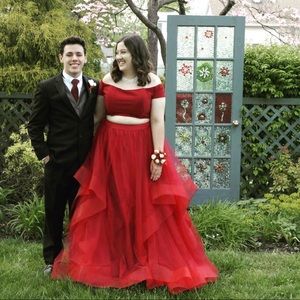 Red Two Piece Designer Prom Ball Gown